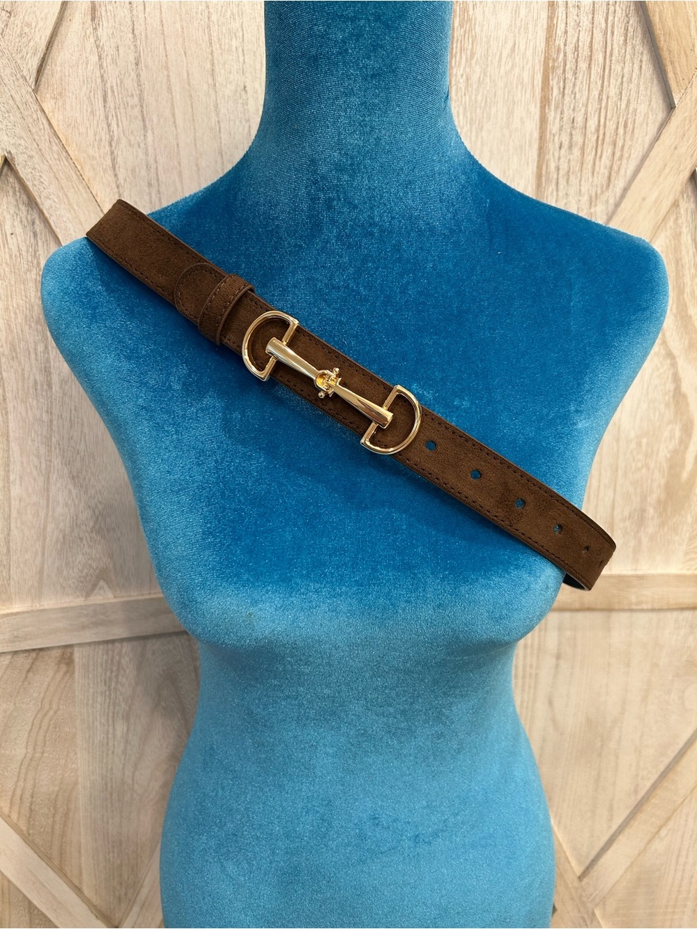 Brown Suede Women's Belt with Gold Horsebit Accent